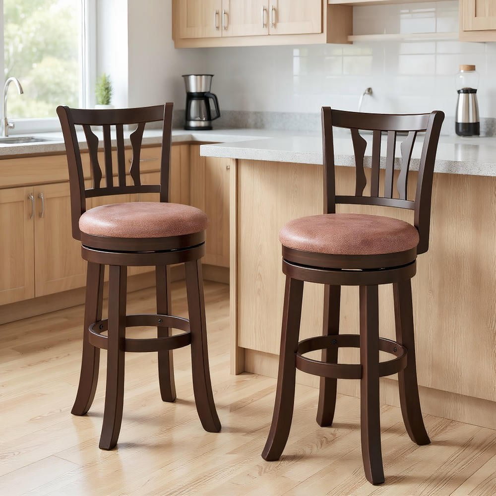 Resenkose Set of 2 29-Inch Counter-Height Swivel Bar Stools with Backrest and Rubberwood Frame, Cappuccino, Brown