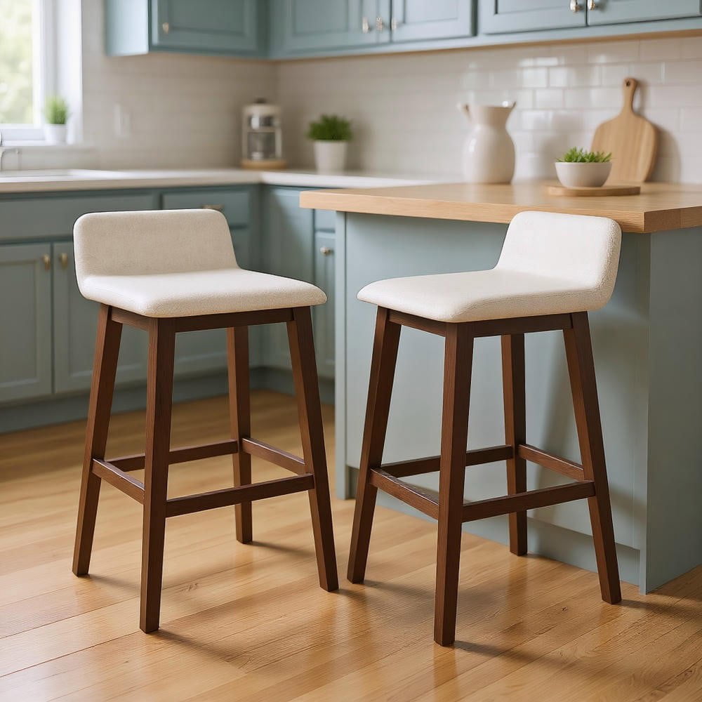 Resenkose Set of 2 29-Inch High-Top Stools with Low Back, Padded Seat and Rubberwood Legs, Brown and Beige