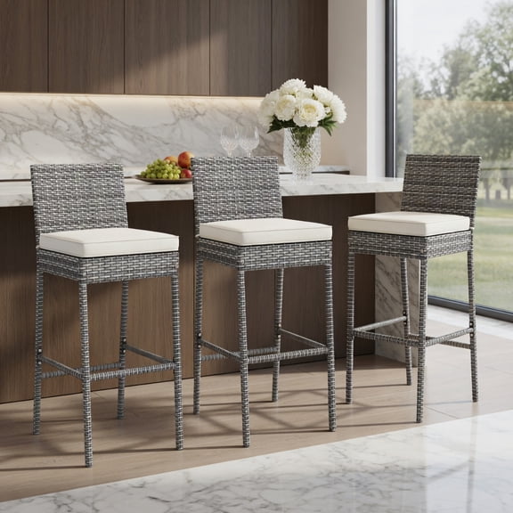Resenkos Set of 2/4 Patio Wicker Barstools with Soft Seat Cushion and Cozy Footrest-Set of 4