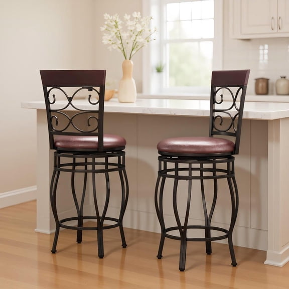 Resenkos Set of 2 Bar Stools with Comfortable Backrest & Footrest, Versatile High Seating for Bar & Kitchen Island Use, Brown, Cherry & Brown