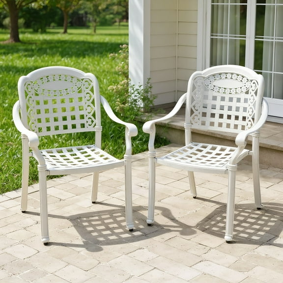 Resenkos Set of 2 Cast Aluminum Patio Chairs with Armrests-White, Outdoor Dining Chair for Outside Patio, All Weather, Porch, Garden, Poolside