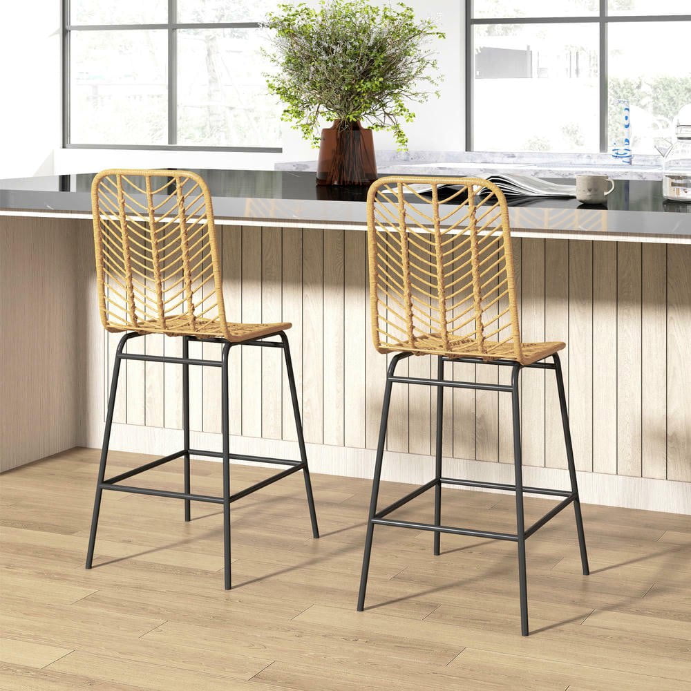 Resenkos Set of 2 Counter Height Barstools, Feature Woven Rattan Design with Comfortable Footrests and Sturdy Steel Leg Construction, Yellow