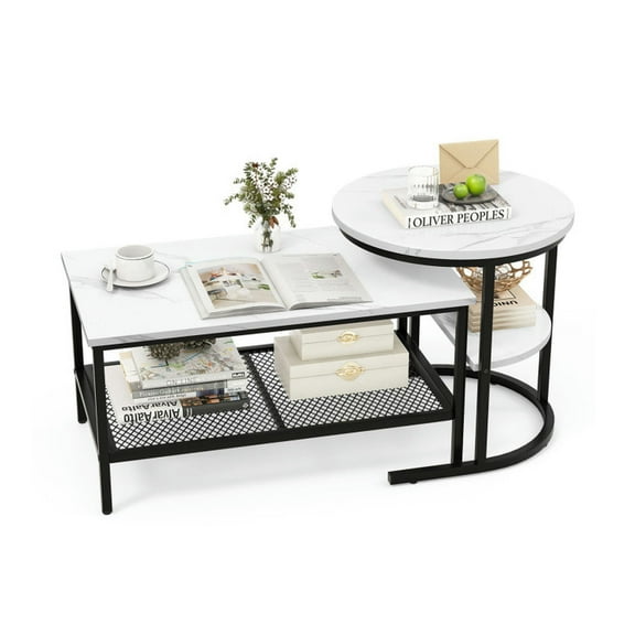 Resenkos Set of 2 Nesting Coffee Table with Extra Storage Shelf for Living Room-Black, Modern Coffee Table for Living Room Office Reception