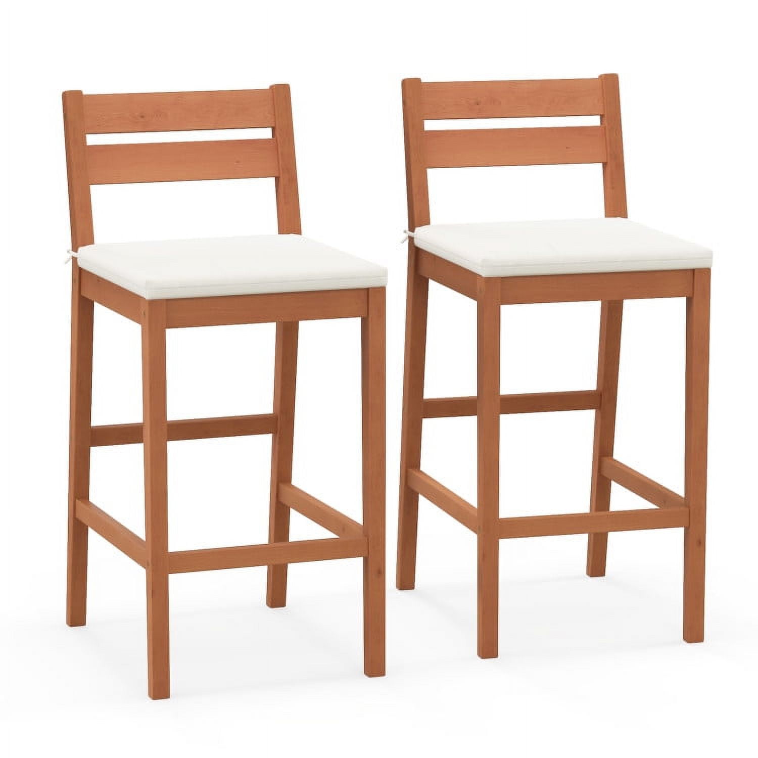 Natural Eucalyptus Wood Outdoor Bar Stools with Off-White Cushions, Set of 2