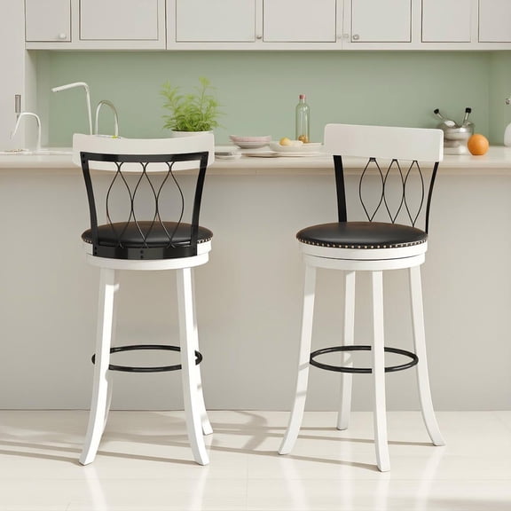 Resenkos Set of 2 Swivel Bar Stools with Footrest, Rubber Wood Frame & Tufted Rivet Accents, 30 Inch High Stools for Home Bar & Island, Black & White
