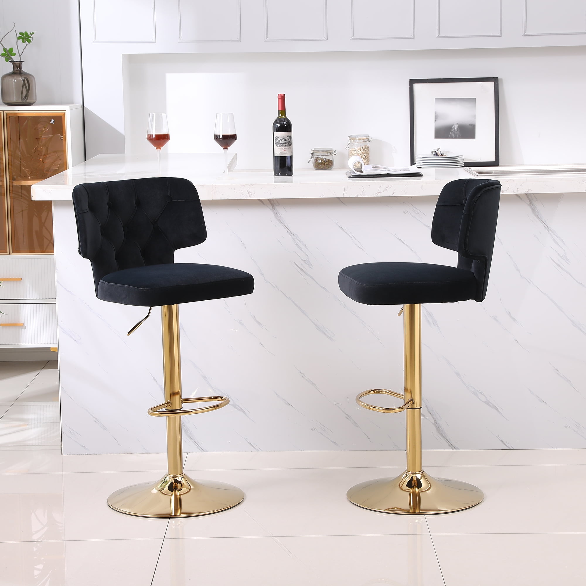 Resenkos Set of 2 Velvet Bar Stools Dining Chairs with Adjustable Counter Height Footrest Tufted Upholstered, Black