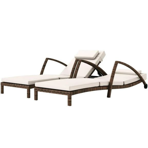 Resenkos Set of 2 Wicker Chaise Lounge Chairs With 5-Way Back Support, Adjustable Outdoor Patio Loungers With Wheels, Cushions & Armrests, Beige