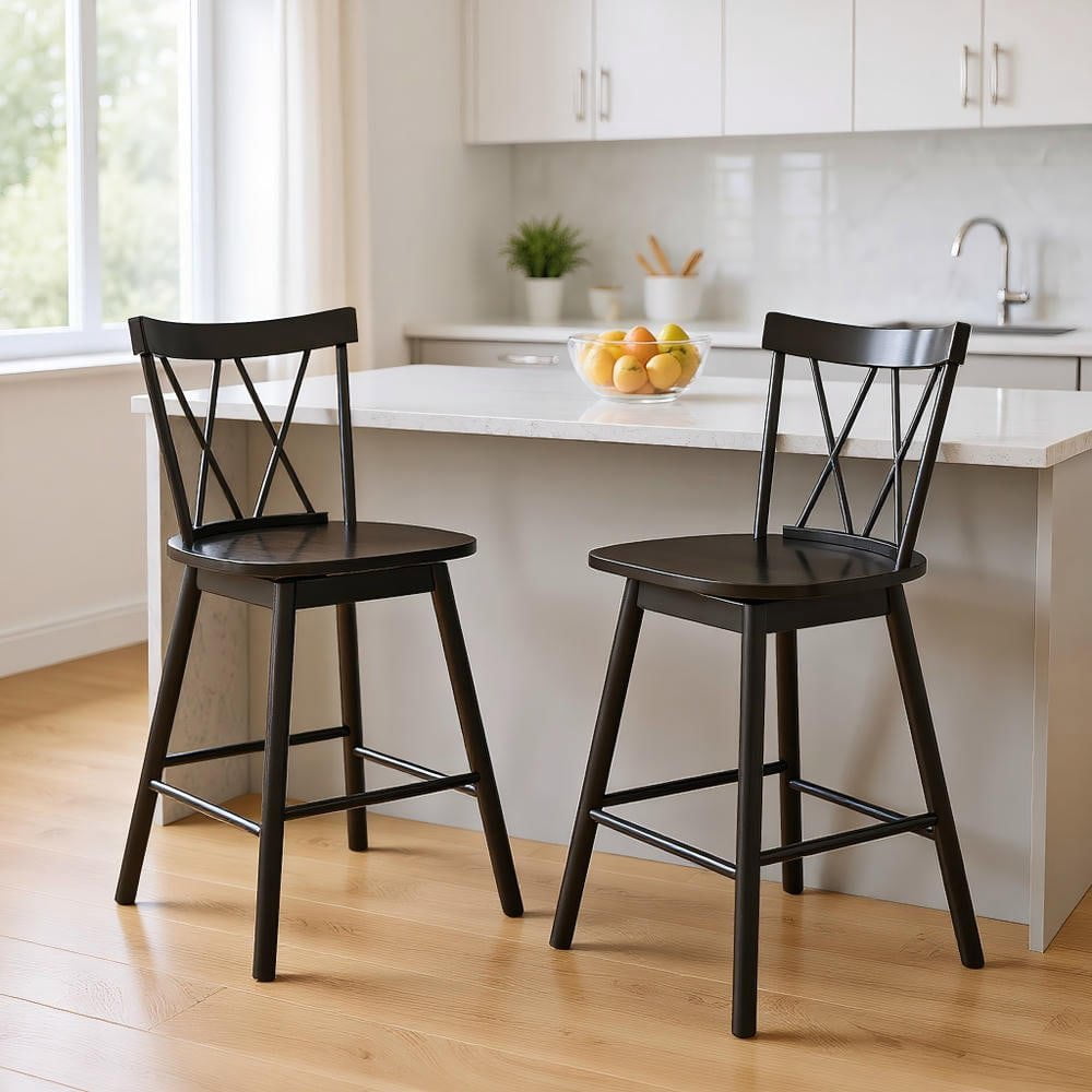 Resenkose Set of 2 Windsor Bar Stools with Ergonomic Backrest & Footrests, 24 Inch Classic Stools for Kitchen Island & Casual Dining Area, Black