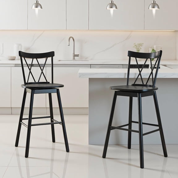 Resenkos Set of 2 Windsor Bar Stools with Ergonomic Backrest & Footrests, 29 Inch Traditional Stools for Home Bar & Kitchen Island, Black