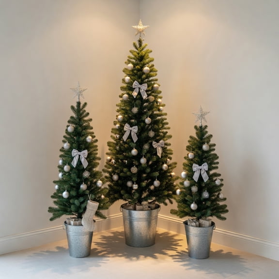 Resenkos Set of 3 Pre-Lit Artificial Christmas Trees - Warm White LEDs, Green/Silver