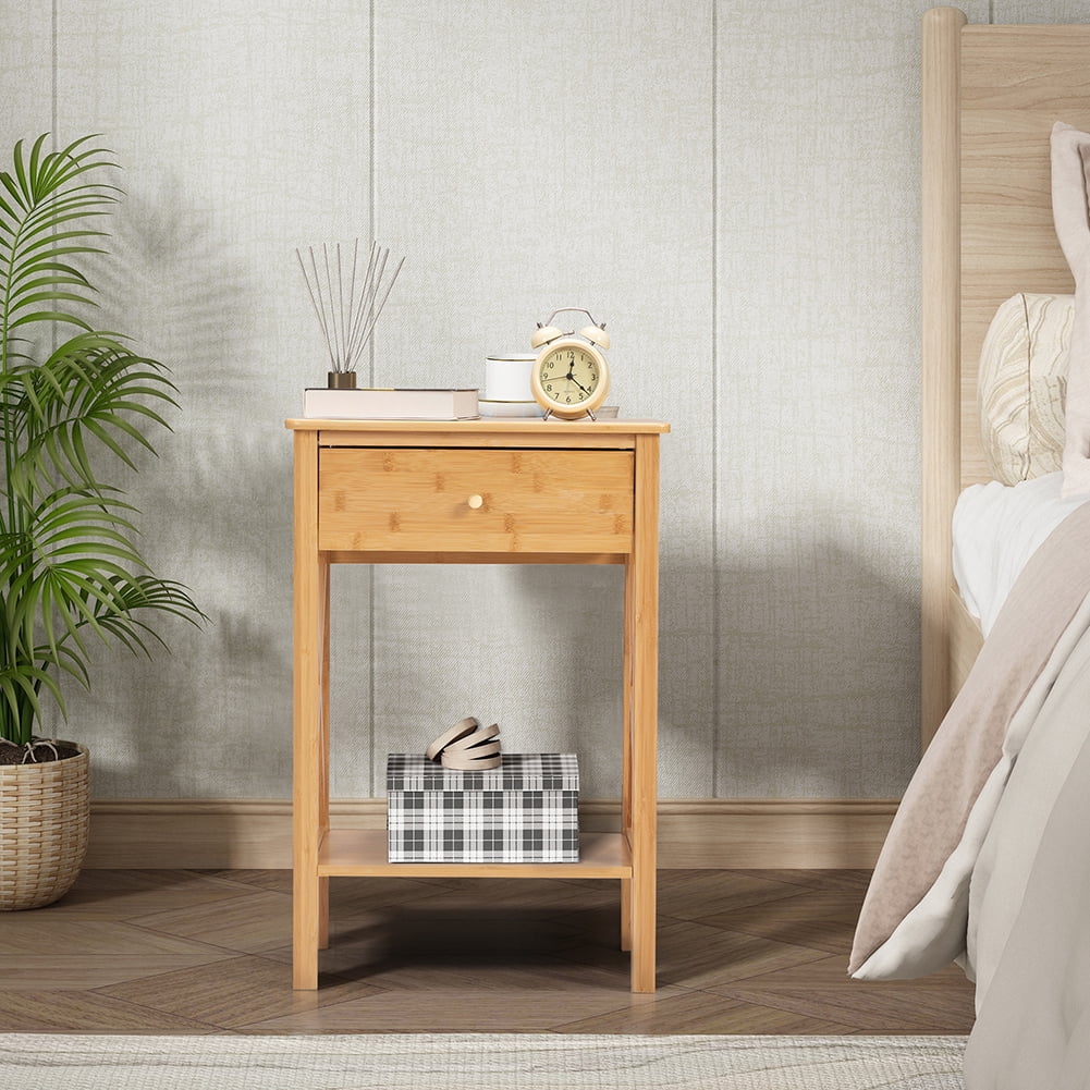 Resenkos Set of 4 Farmhouse Bamboo Nightstand, Wood End Table with Drawer and X-Side Shelf,Natural