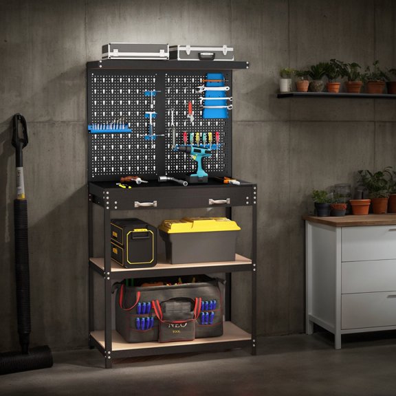Resenkos Shelving Unit, Garage Storage Utility Rack,Tool Storage Workbench with Pegboard with 14 Hanging Accessories for Garage-Black and Blue