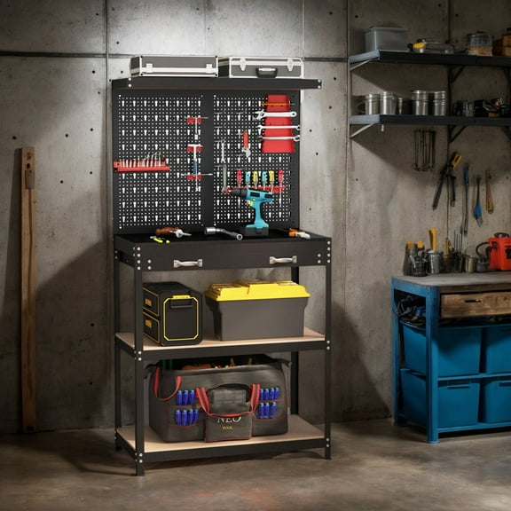 Resenkos Shelving Unit, Garage Storage Utility Rack,Tool Storage Workbench with Pegboard with 14 Hanging Accessories for Garage-Black and Red