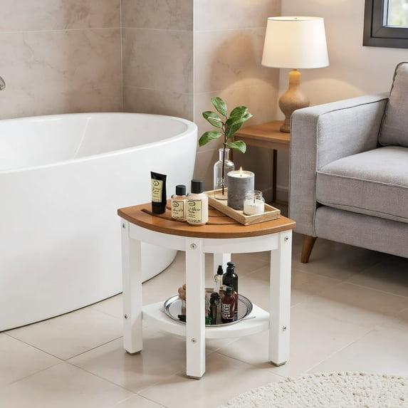 Resenkos Shower Chair Seat,Shower Chair Spa Bathtub Seat Bench,Heavy Duty Corner Shower Bench Stool with Storage Shelf for Shaving Legs-Brown