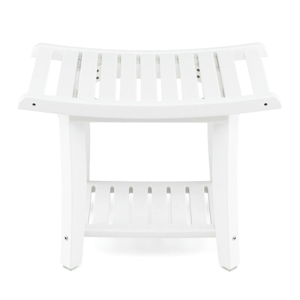 Off-White HDPE Waterproof Curved Shower Stool with Storage Shelf