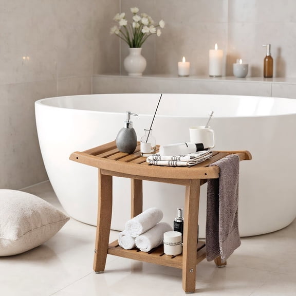 Resenkos Shower Chair Seat,Shower Chair Spa Bathtub Seat Bench,Waterproof Bath Stool with Curved Seat and Storage Shelf-Brown