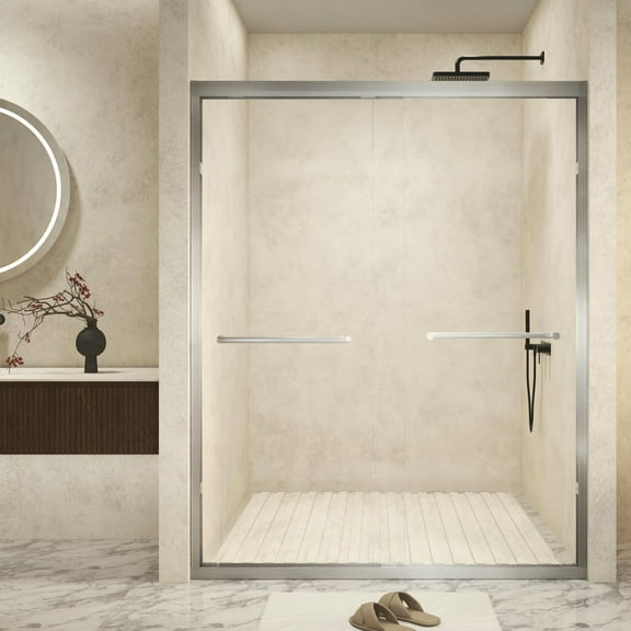 Resenkos Shower Enclosure Door,Shower Stall Door,Aluminum Frame Double Sliding Shower Door with Explosion Proof Film, Stainless Steel handle, Brushed Nickel