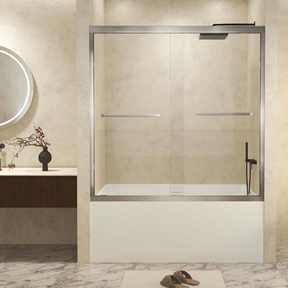 Resenkos Shower Enclosure Door,Shower Stall Door,Double Sliding Shower Door with Explosion Proof Film, Aluminum Frame, Stainless Steel handle, Brushed Nickel