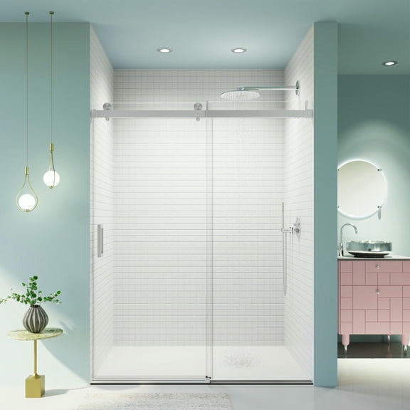 Resenkos Shower Enclosure Door,Shower Stall Door,Frameless Single Sliding Soft-Close Shower Doors with Buffer, Bathroom Sliding Shower Door, Brushed Nickel