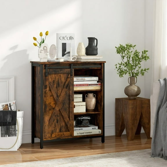 Resenkos Sideboard Buffet, Buffet Cabinet Storage Cabinet,32 Inch Farmhouse Sideboard Buffet Cabinet with Sliding Barn Door and Adjustable Shelves-Rustic Brown