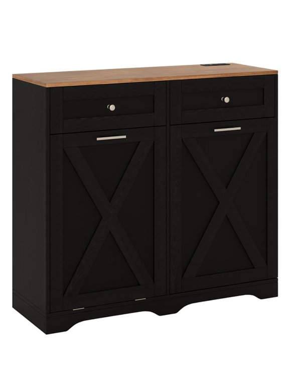 Sideboard Buffet Cabinet,Kitchen Storage Cabinet,Tilt Out Trash Can Cabinet with Outlets and Adjustable Shelf-Black