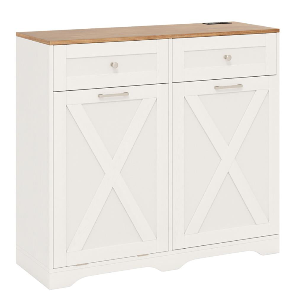 Resenkos Sideboard Buffet Cabinet,Kitchen Storage Cabinet,Tilt Out Trash Can Cabinet with Outlets and Adjustable Shelf-White