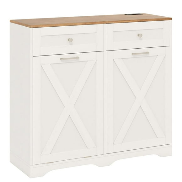 Resenkos Sideboard Buffet Cabinet,Kitchen Storage Cabinet,Tilt Out Trash Can Cabinet with Outlets and Adjustable Shelf-White