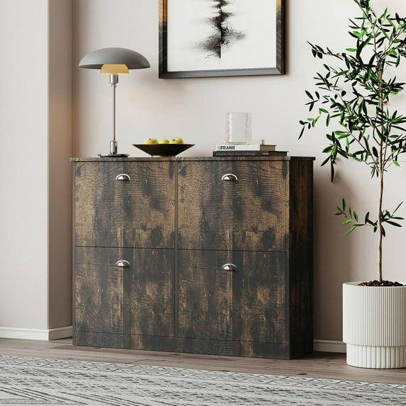 Resenkos Slim Narrow Shoe Cabinet - Hidden Shoe Rack with 4 Drawers for Entryway, Foyer, Hallway, Bedroom, Original Wood Color, Retro