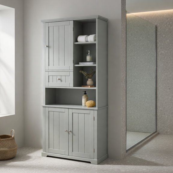 Resenkos Slim Tall Freestanding Bathroom Storage Unit with Single Slide Drawer and Repositionable Inner Shelf, Anti Toppling Smooth Grey Painted MDF Cabinet for Shower Room Supplies Storage, Grey
