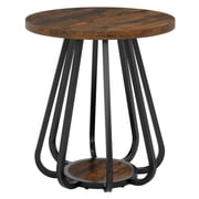 Resenkos Small Round 2-Tier Side Table with Metal Frame, Vintage Nightstand, Brown & Black