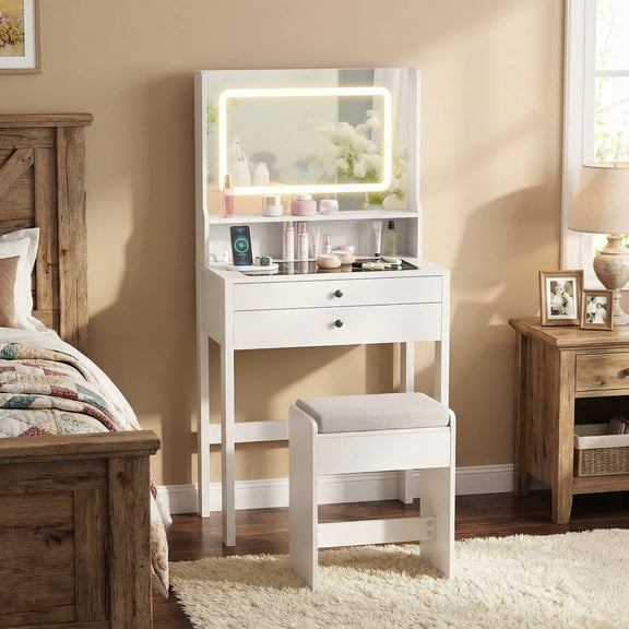 Resenkos Small Vanity Desk with Mirror Lights, Compact Makeup Table for Bedroom, Bathroom, Dressing Space, White