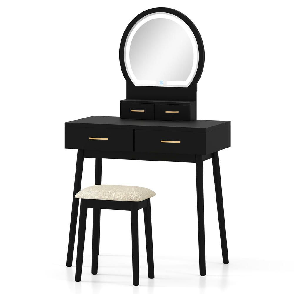 Resenkos Small Vanity Set with LED Mirror, Stool, and Dressing Table - Black