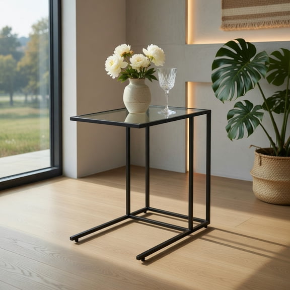 Resenkos Sofa End Table Coffee Side Table with Glass Top, Functional Glass Top Side Table, Slides Close to Sofa, Ideal for Small Spaces, Easy Assembly Required
