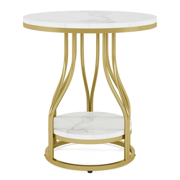 Resenkos Sofa Side End Table, End Table, Couch Table,2-Tier End Table, Round Sofa Side Table with Metal Frame,White & Gold