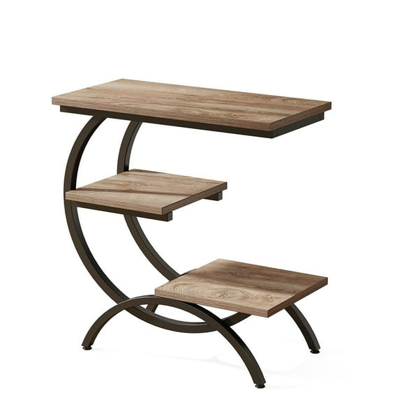 Resenkos Sofa Side End Table, End Table, Couch Table,C-Shaped End Table, Industrial 3-Tier Side Table for Small Space,Light Brown