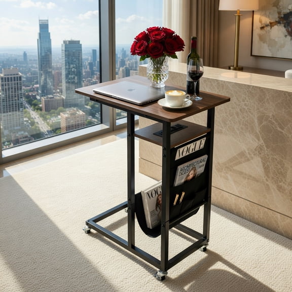 Resenkos Sofa Side End Table, End Table, Couch Table,C-shaped End Table with Charging Station and Retractable Tabletop-Coffee