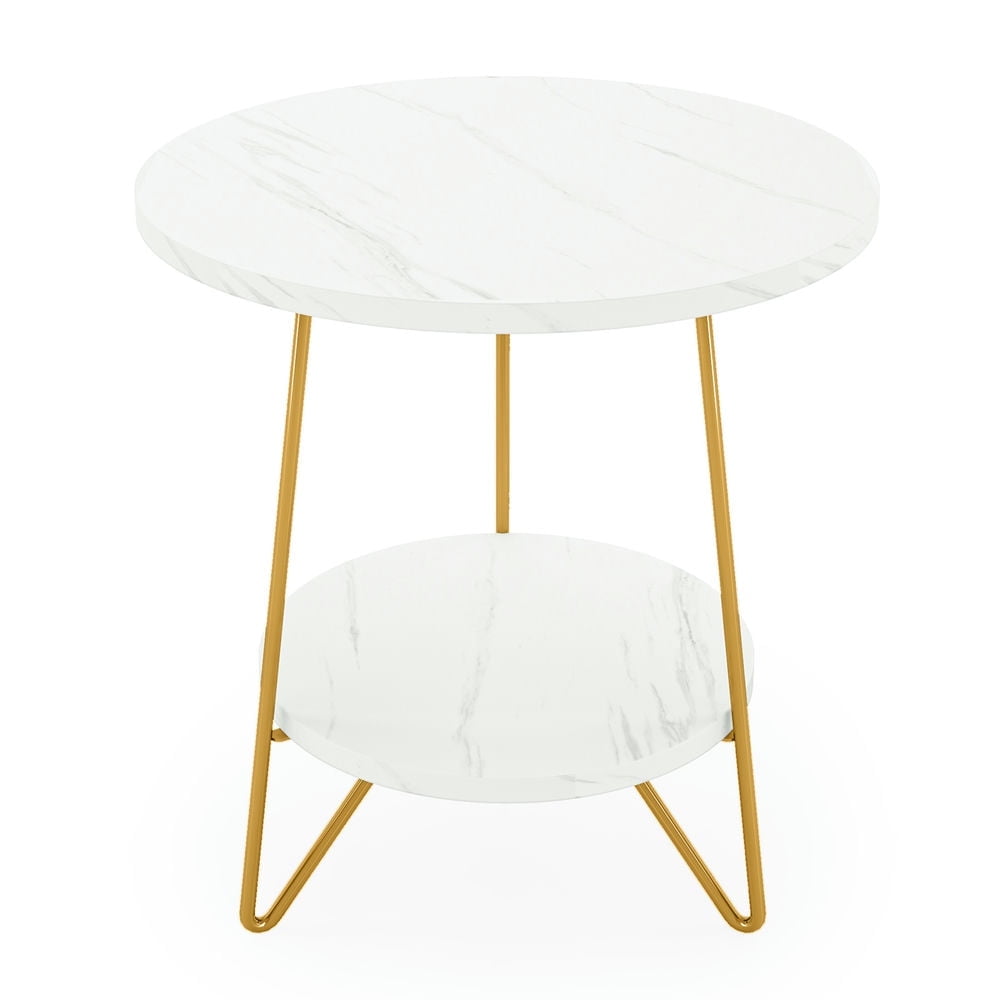 Resenkos Sofa Side End Table, End Table, Couch Table,Faux Marble End Table, 2-Tier Round Sofa Bedside Table with Shelves,White Faux Marble & Gold