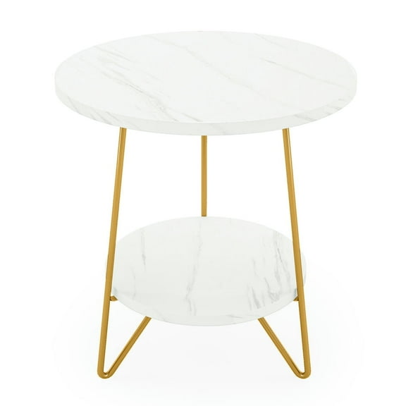 Resenkos Sofa Side End Table, End Table, Couch Table,Faux Marble End Table, 2-Tier Round Sofa Bedside Table with Shelves,White Faux Marble & Gold