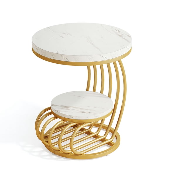 Resenkos Sofa Side End Table, End Table, Couch Table,Round End Table, 2 Tiers Faux Marble Side Table with Storage Shelf,White & Gold