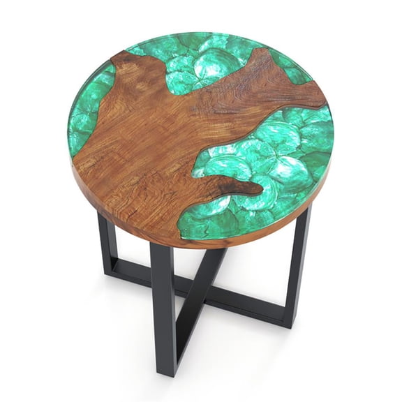 Resenkos Sofa Side End Table, End Table, Couch Table,Solid Live Edge Round Teak Wood Outdoor End Table with Epoxy Resin Tabletop