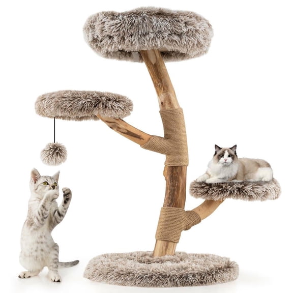 Resenkos Solid Pear Wood Cat Tree with Perch and Natural Jute Scratching Posts, Brown