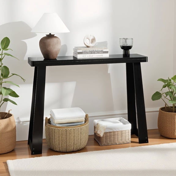 Resenkos Solid Rubber WoodTable 43 Inch, Narrow Console Table with Thick Tabletop and Stable Base for Front Door, Entryway, Black