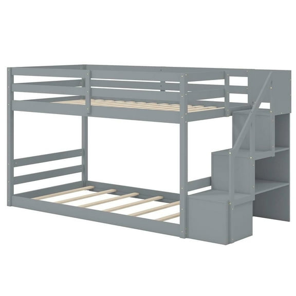 Resenkos Solid Wood Full Over Full Low Bunk Bed with Storage Stairs, Ample Sleeping and Organization for Shared Bedrooms, Gray