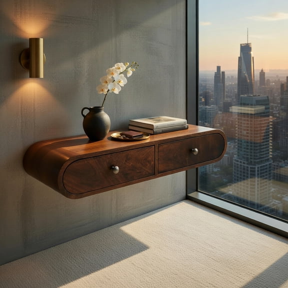 Resenkos Solid Wood Wall-Mounted California Walnut Console Table, 2 Drawers, Brown