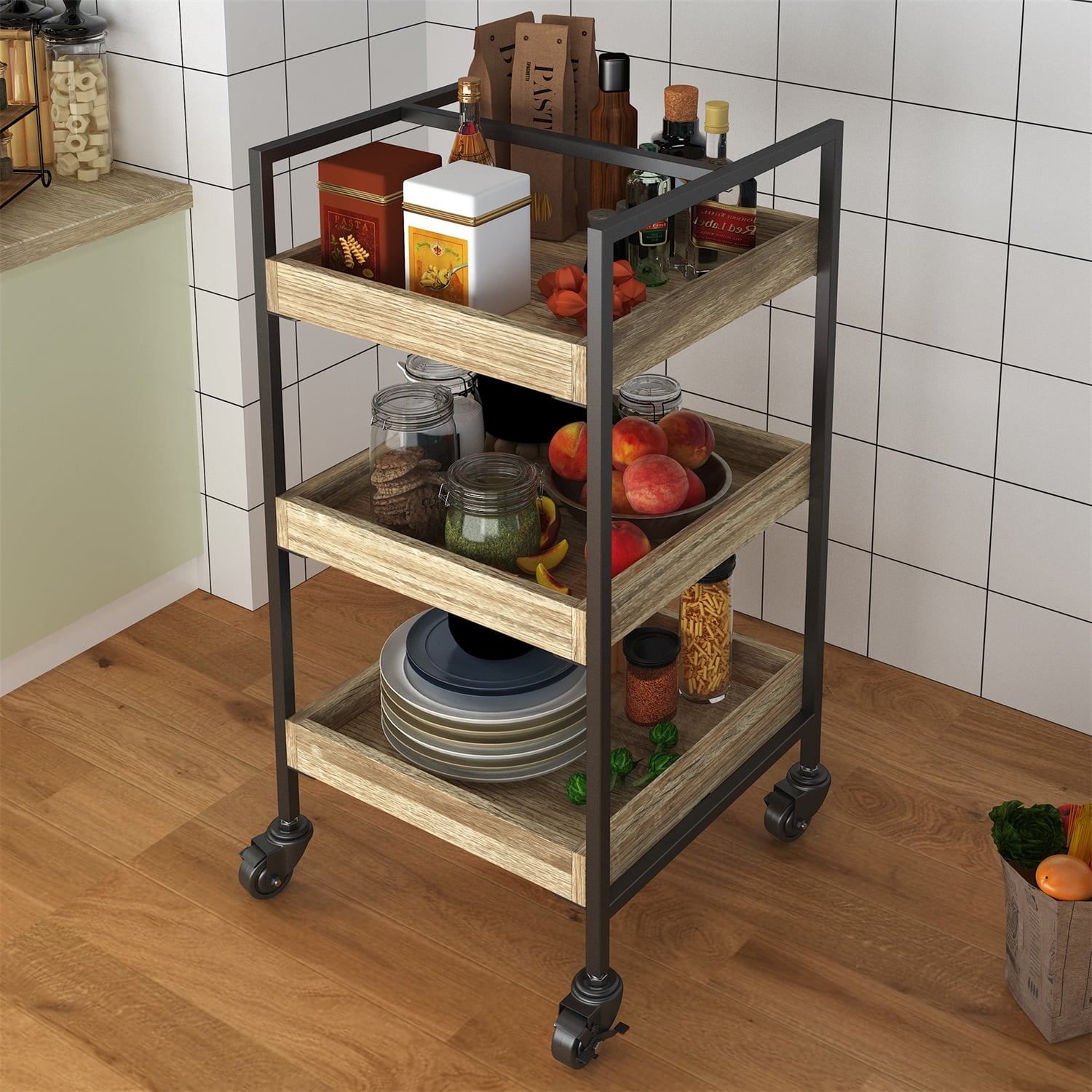 Resenkos Solid Wooden Cart for Food Serving Carts Rolling Bar Cart with 3 Tier Storage Shelves Wooden Cart with Wheels for Decor Island Cart Wooden Cart for Classroom