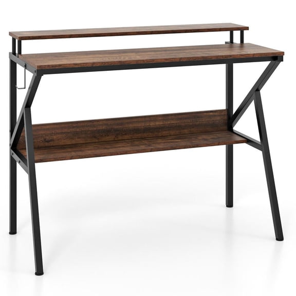 Resenkos Space-Saving Computer Desk with Monitor Stand and Additional Storage Shelf - Rustic Brown/Black