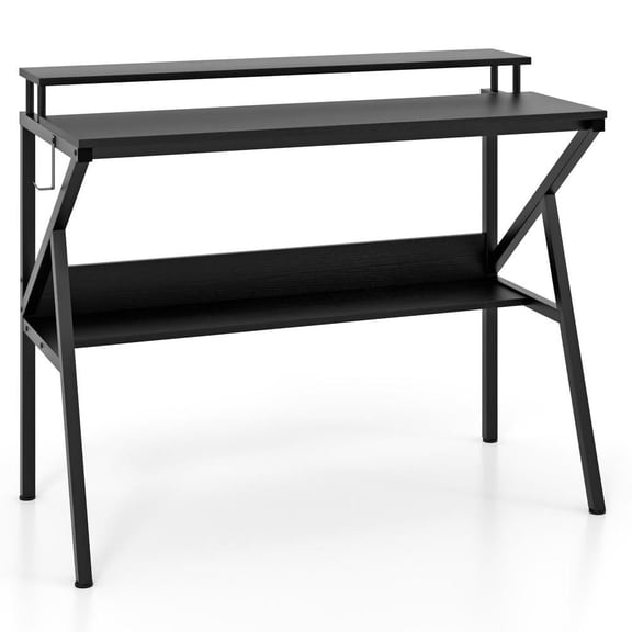 Resenkos Space-Saving Computer Desk with Monitor Stand and Extra Storage Shelf - Black