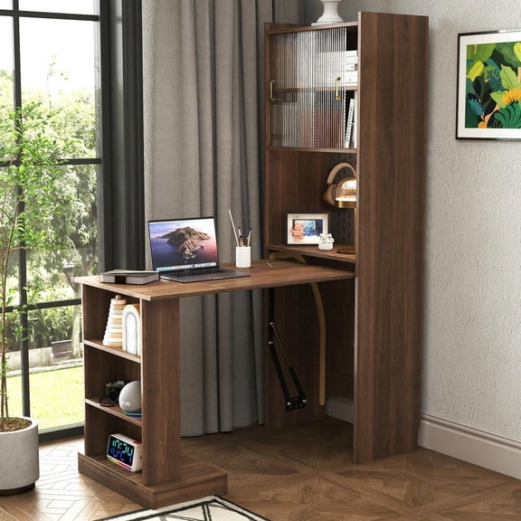 Resenkos Space-Saving Folding Computer Desk with Storage for Small Spaces - Brown