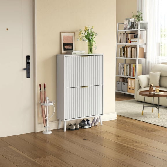 Resenkos Space Saving Tipping Bucket Storage Cabinet, Narrow Design with Solid Wood Legs, Anti-Tip Safety Kit, Versatile Home Organizer, Ancient White