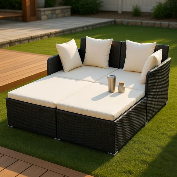 Resenkos Spacious Outdoor Rattan Daybed with Upholstered Cushions and Pillows-White, Patio Seating Conversation Set, Modern Patio Sofa Sectional Proof for Patio Back Deck